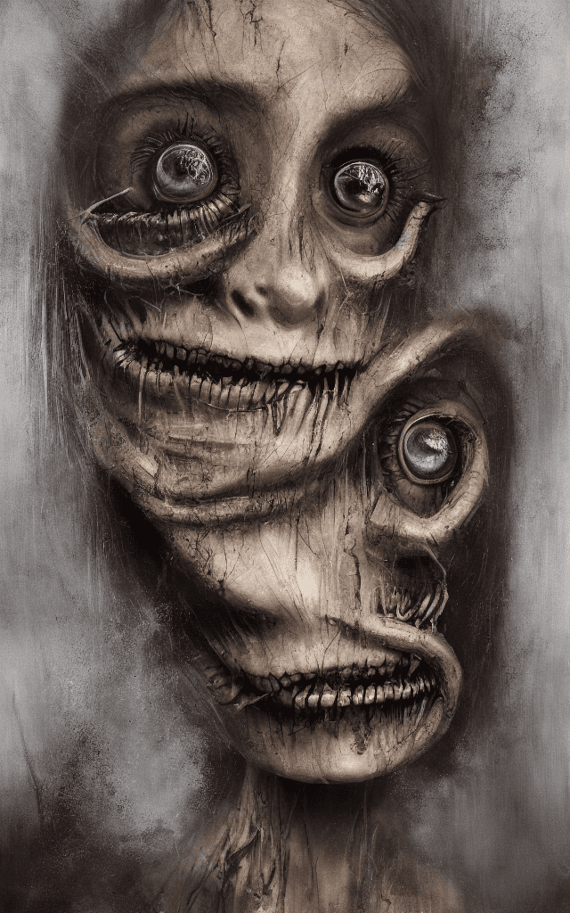 A detailed uhd portrait of a muted blonde laser thrashed oil painting in the style of tim burton enhanced by hr giger use a perfect blending of light and shadow to make this a eerie yet breathtaking image.
