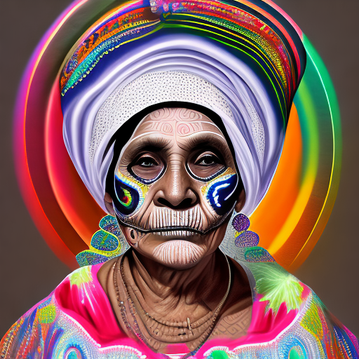 Generate a digital painting in the style of hyper realism, digital drawing/painting, and 3d, with secondary elements of anamorphic, fractal, and simplicity. The subject is mama lupita, an elderly woman dressed in traditional mexican attire for the day of the dead. Her face is beautifully painted in a sugar skull style with intricate designs, glowing with soft, ethereal lights along the patterns. The lights give off a warm, radiant glow, especially around her eyes and cheekbones, creating a magical effect. She wears a vibrant dress adorned with marigold flowers and embroidered details, while holding a candle. Behind her, a colorful día de los muertos altar is decorated with more glowing candles, marigolds, and papel picado banners. The atmosphere is festive yet spiritual, with a soft mist in the air, capturing both reverence and celebration.