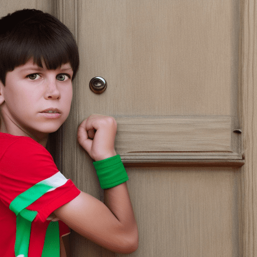Closeup a young boy, about 10-year-old with short brown hair, wearing a green shirt, shorts, and red sneakers, with a red face and clenched fists, angrily slams a door. His eyes are wide with fury, and his body is tense. The scene captures his raw emotion, with the door slightly ajar and shaking from the impact. " hyperdetailed, masterpiece, 8k, dynamic pose, immersive background, depth of field,