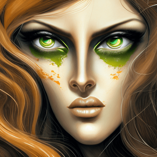 An illustration of a woman with long brown hair, green eyes, in the style of ingrid baars, j. Scott campbell, dark beige and light amber, close-up, thiago valdi, charming characters, 8k --ar 73:112 --stylize 750 --v 6