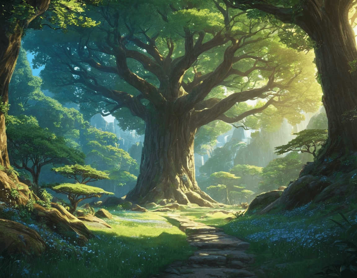 Viral anime nature wallpaper in 4k quality, in the style of digital illustration inspired by hayao miyazaki, featuring a serene forest with towering ancient trees, dappled sunlight filtering through the leaves, a gentle stream flowing through the scene, and mystical creatures peeking from behind the foliage; vibrant and warm color temperature, cosmos lighting with stars twinkling in the sky, no human characters, the atmosphere is tranquil and enchanting --v 5 --stylize 1000