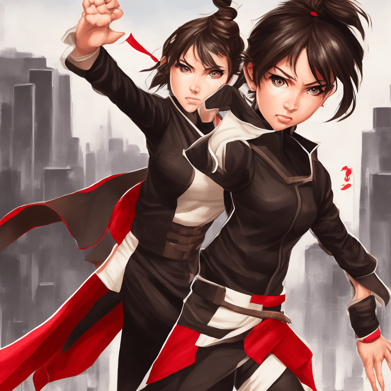"create an image of a young female character with a confident and fierce expression. She has short brown hair with a headband and dark brown eyes. She is wearing a black jujutsu uniform with a high collar and a red jacket over it. The character should be depicted in an action pose, showcasing her dynamic fighting style. The background should be a blend of a modern cityscape and a mystical aura, reflecting the supernatural elements of the anime jujutsu kaisen. " , 8k