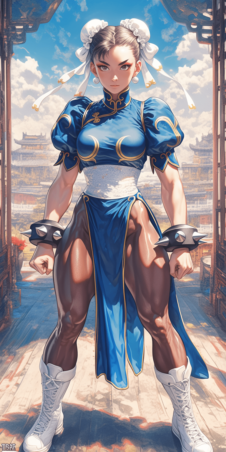 Chun-li, street fighter, blue and white outfit with gold trim, action scene fighting pose, hyper-realistic illustration style, action scene art, in the style of akira yasuda, anime-inspired character design, detailed background elements, dynamic composition, high resolution, vibrant colors, high contrast, soft lighting, fluid motion, high energy, full-body portrait, strong facial expression, double-bun hairstyle --ar 1:2 --stylize 750 --niji 6