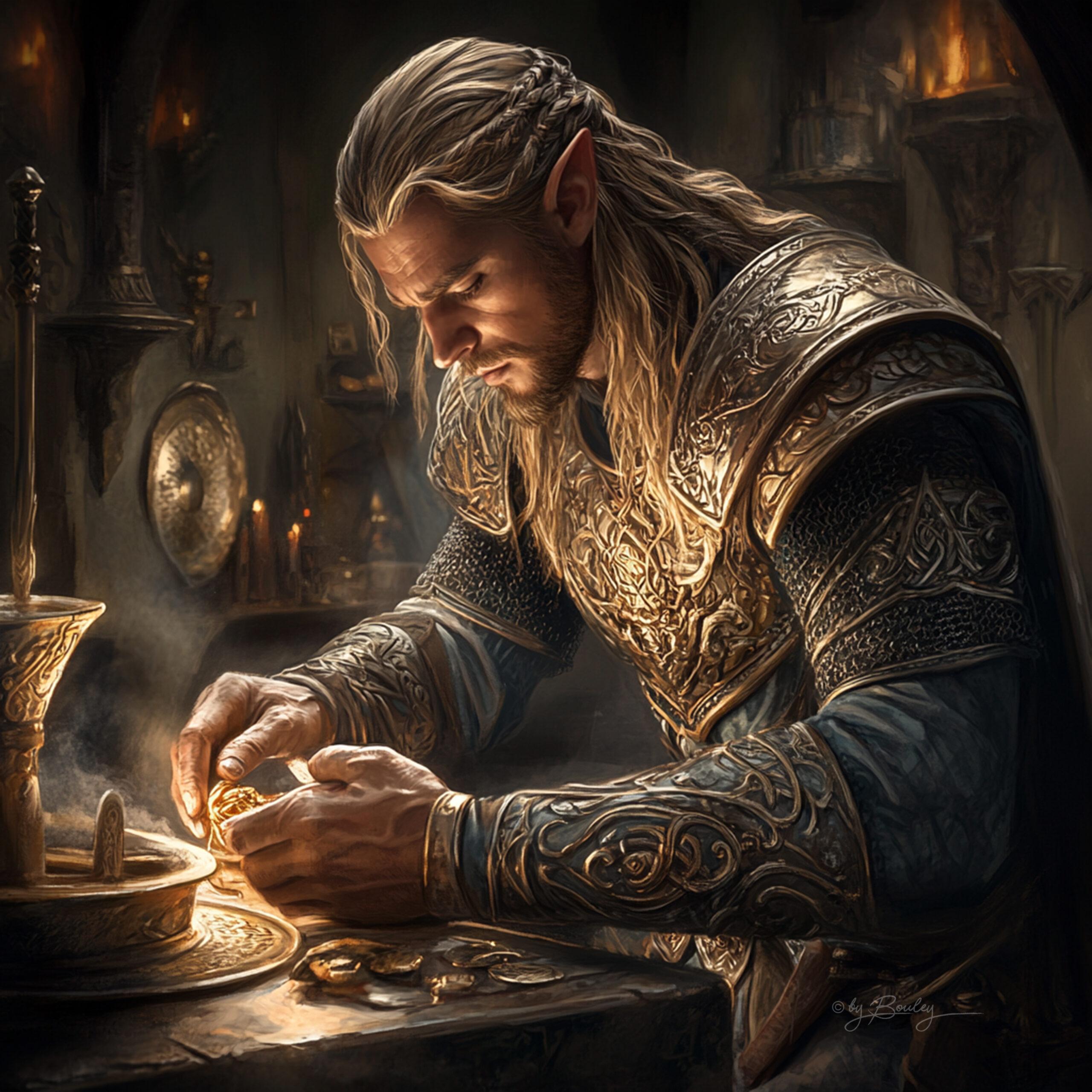 A blond strong beautiful elven smith in a forge working on a golden ring. He looks concentrated on the workpiece. You see his face from the left side. He wears highly decorated armor. The forge is equipped with interior with elaborated decoration of elvish patterns. Photorealistic style like in lord of the rings movies. --chaos 10 --ar 1:1 --personalize nj66unf --stylize 250 --v 6. 1