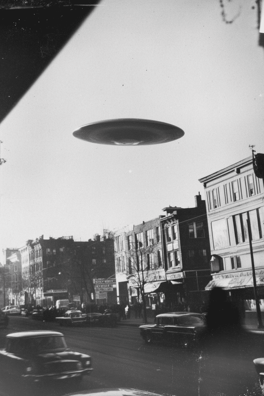 50's casual black and white photography of a ufo flying over a city, --ar 2:3