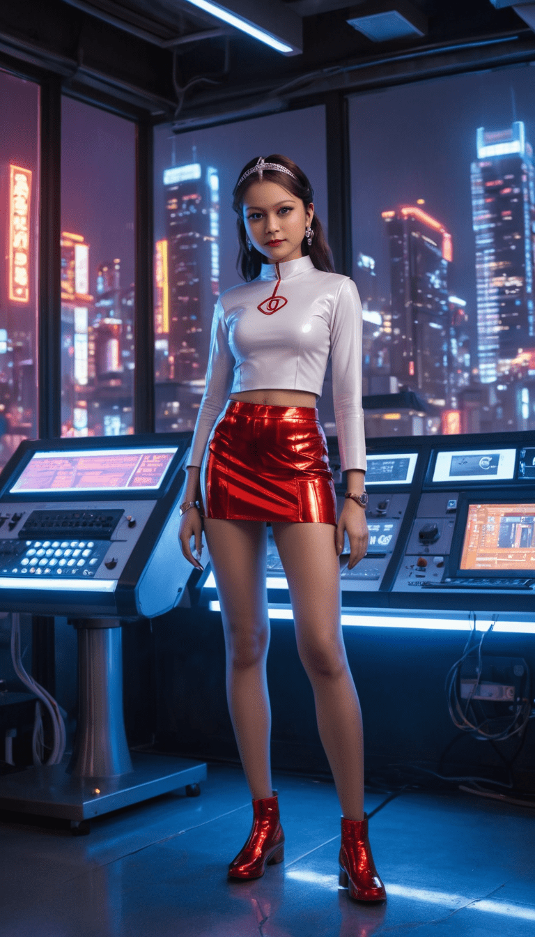 A confident and alluring female character, fawsums, stands poised in a cutting-edge laboratory, surrounded by the vibrant neon-lit cityscape of neotokyo. She wears a shimmering latex red miniskirt that accentuates her toned figure, exuding a sense of futuristic style and empowerment. Her self-assured expression commands attention, radiating an atmosphere of transformation and vibrant energy. In the background, the mysterious name 'chandara arts' hints at a deeper story. At her feet, a small treble clef symbol adds a touch of whimsy, as if music is the key to unlocking her secrets. Fawsums embodies the fusion of technology and art, her presence a testament to the limitless possibilities of neotokyo's futuristic landscape.