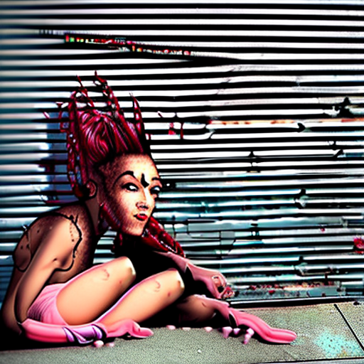 A slender punk female sitting reclined against the wall of a dark street savoring a short cigarette, on the wall spray painted in red "punk's not dead", hyper realistic, detailed dreads pink and black hair, side mohawk haircut, large necklaces, tattoos on all body, nose lip eyebrow piercing, worn crop tank top, dirty and torn apart cloths, wide dark background, luis royo illustration, rembrandt lighting, concept art, fantasy art, hyper detailed, intricate, sharp focus, best quality, masterpiece