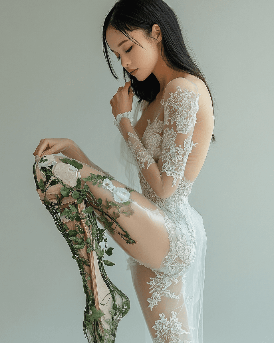 A full body photo of an attractive woman wearing white lace stockings and tulle dress, she is putting on her leg prosthetic in the style of tatsuya tanaka, she has a prosthetic left foot made from wood with green floral patterns, her right side profile shows that there's no but instead it’s covered by skin where one hip should be. She stands barefooted on a plain white background, photographed by elizaveta porodina. Portrait photography, volumetric light, hyperrealistic, hyper detail, high definition, high resolution, high quality, --v 6. 1 --s 350 --ar 4:5