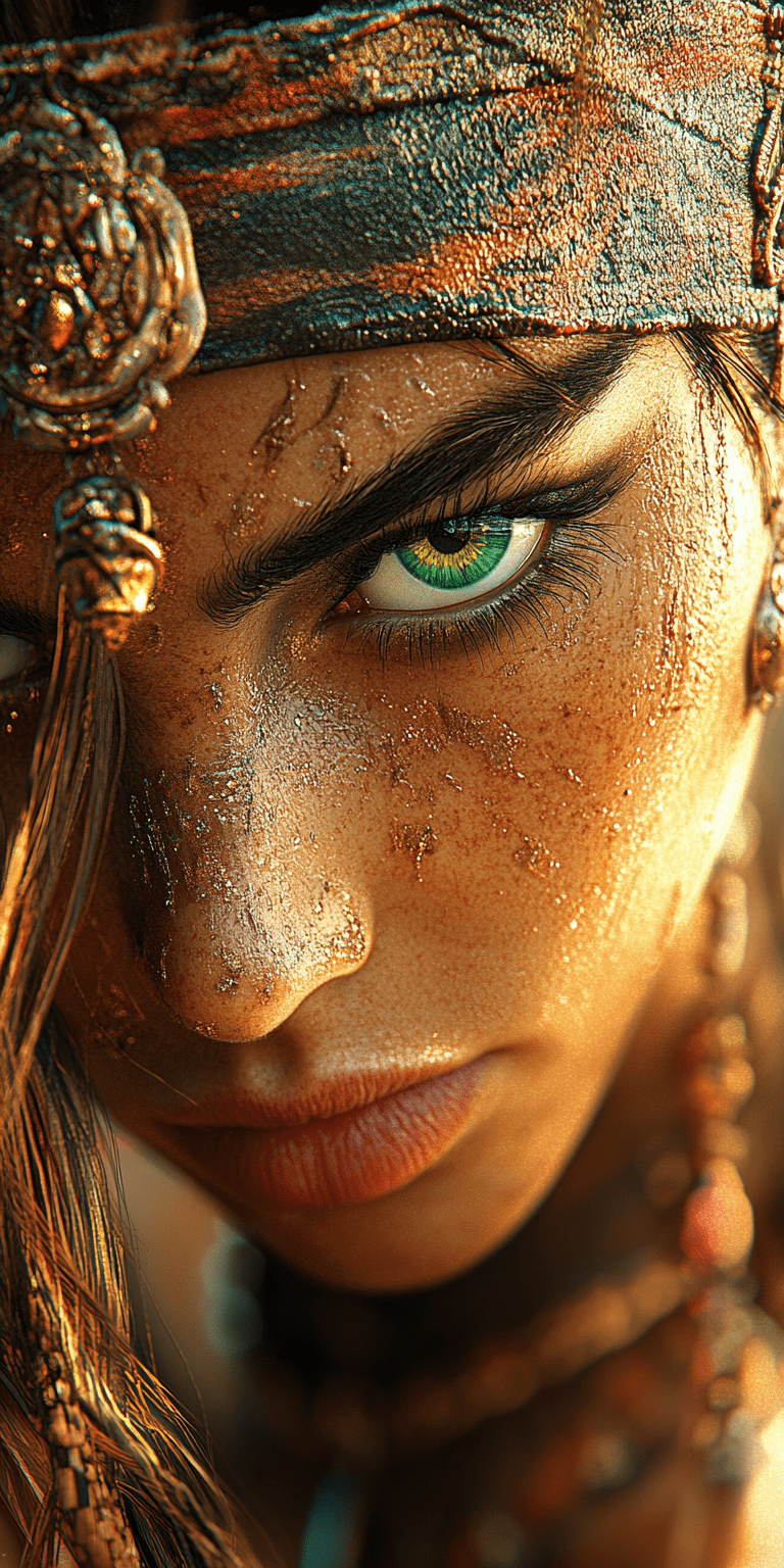A woman with green eyes, in the style of realism with fantasy elements, daz3d, fine art realism, magic realism, exotic realism, close up, fairy tale --ar 1:2 --personalize 2gwf1qc --stylize 750 --v 6. 1