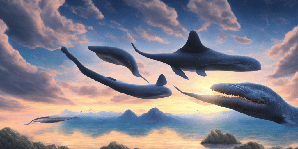 A beautiful scenery, digital rendering, trending on pixiv fanbox, panoramic landscape with blue whale flying in the sky at the sunset, masterpiece, scene, hypnotic, studio lighting, very intricate, hyperdetailed, a surrealist dreamscape in a parallel universe, a warning for those who dare ponder into its endless harmony of horrors, intricate detail, realistic light, wide angle focused, cinematic