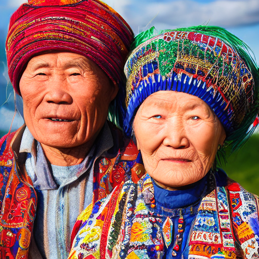 Old couple from yakutia, staring at camera, wearing traditional clothes, high quality, distance shot, fast render, stable, hyper detailed, 4k resolution, high fidelity, precision engineered no deformities, no distortions, no exaggerated features, negative-visual, no missing limbs vibrant-colors, dramatic-lighting, expressive, dynamic, stylized, high-contrast, colorful, artistic, dramatic, photo-realistic, accurate-anatomy, whimsical