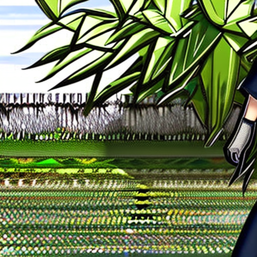 Bauhaus style clothe, big clothes, cool anime style, character, village center background, medieval thief, ninja, up to down point of view, symetrical background, long hair, green patelte, close up portrait, 8k, hightly detaild, mesoamerican