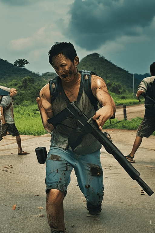 Style cinematic film, man, zombie apocalypse in thailand, ultra detail, blue sky, rim lighting, cinematic lighting, raining, more zombie , survival horror