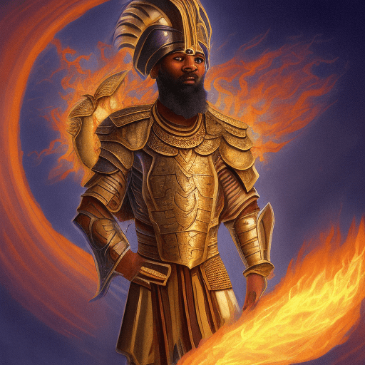 An israelite warrior of color, surrounded by flames, wearing intricate golden armor with no horns on his head—absolutely no horns. He blows an ancient trumpet, resembling those from biblical times, with fierce and divine energy. His fiery eyes reflect power. Flames light up the sky at dawn or dusk. The background shows a desert landscape with distant mountains and red smoke. "