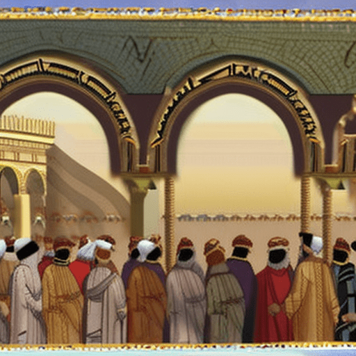 A crowd of men in traditional middle eastern attire gathers in a vast, sunlit courtyard surrounded by arches and ornate architecture. In the foreground, a distinguished figure with a long beard and a turban stands prominently, holding a staff, while others appear engaged in animated discussion. The scene has a warm, dusty ambiance, suggesting a historical or cultural context.