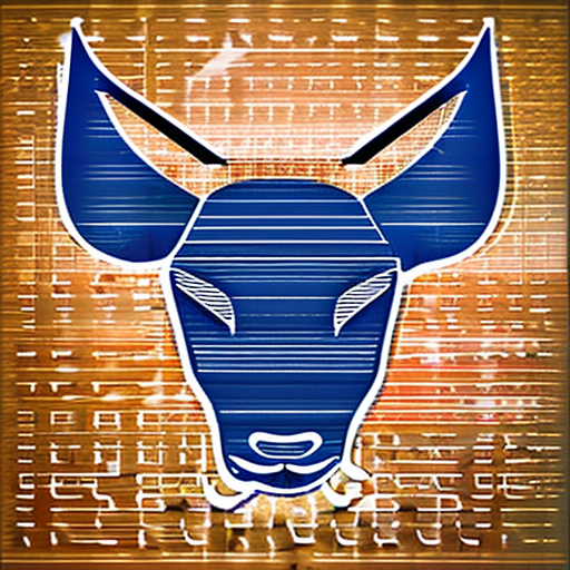 Round logo of a facing serious bull head. Two colors, abstract style. Add symbols of financial growth and cryptocurrency