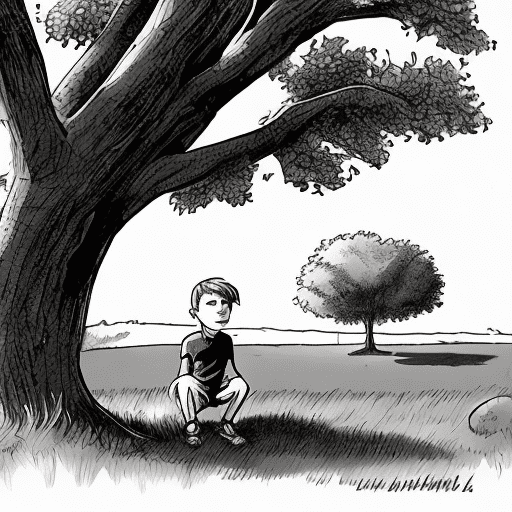 Comic style bland and white boy under tree