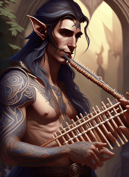 Male elven bard with tattoos playing a pan flute, ultra realistic, concept art, intricate details, eerie, highly detailed, photorealistic, octane render, 8 k, unreal engine. Art by artgerm and greg rutkowski and charlie bowater and magali villeneuve and alphonse mucha