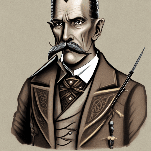 Lord hastings, 50s, tall broad shoulders, slender frame, thick groomed mustache, victorian style hunting light brown gear, holding old-fashioned hunting rifle with intricate carvings on the handle, sharp, angular features with a prominent nose and piercing blue eyes. His face is weathered from years of outdoor adventures, but he maintains an air of arrogance. Keep character consistent. Style: 3d pixar animation