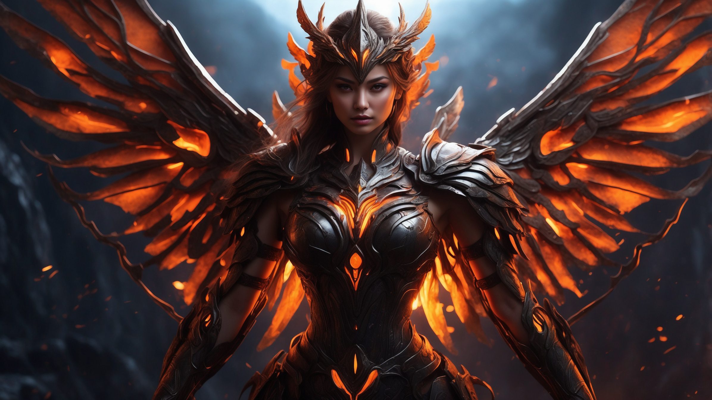 High-fantasy digital artwork featuring a powerful, armored female warrior with glowing, fiery wings. She is depicted mid-air, with a fierce expression and a determined stance. Her armor is dark and intricately designed, with sharp edges and glowing orange accents. The wings are large, mechanical, and emit a bright, fiery light, contrasting with the dark, smoky background. The setting is a dystopian, volcanic landscape with molten lava, dark clouds, and distant, jagged mountains. The overall color palette is dominated by dark tones and fiery oranges, creating a dramatic and intense atmosphere.