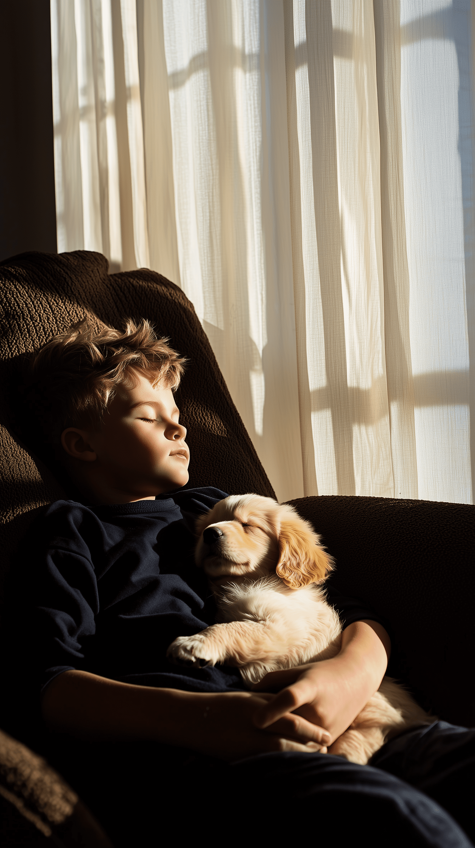 Cinematic, candid shot, side angle, canon eos r5, boy and puppy relaxing together, closed eyes leaning back in cozy easy chair, holding middle size puppy on lap, both basking in warm sunlight, cozy interior living room, soft natural sunlight streaming through sheer curtains casting gentle shadows, dramatic, ultra realism, 4k, detailing --ar 9:16 --quality 2 --style raw --personalize 3q55mu4 --v 6. 1