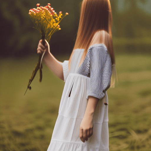 Photo of a beautiful farm girl in a white cotton dress with blue jeans, with long hair gently blowing in the wind, the girl sits in a wild backyard, she holds a bunch of fresh flowers, she is looking at the camera with a friendly expression, desirable, radiant, ultra detailed, hd