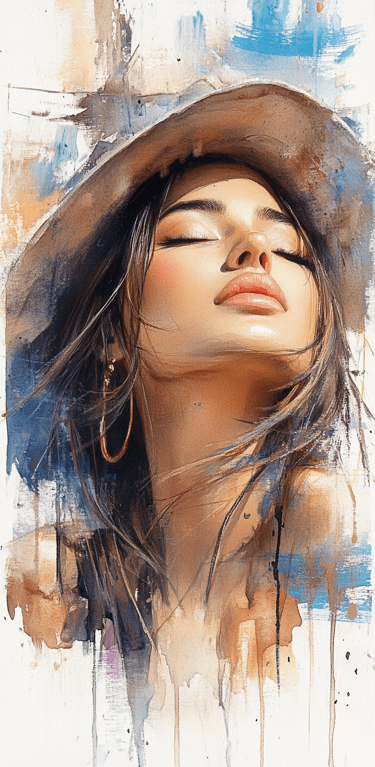 A stunning watercolor painting on canvas of a beautiful woman, in the style of claude monet, giverny, impressionism, impressionistic landscapes, pastel colors, impressionistic portraits, exaggerated blurry brushstrokes --ar 63:128 --personalize 2gwf1qc --stylize 750 --v 6. 1