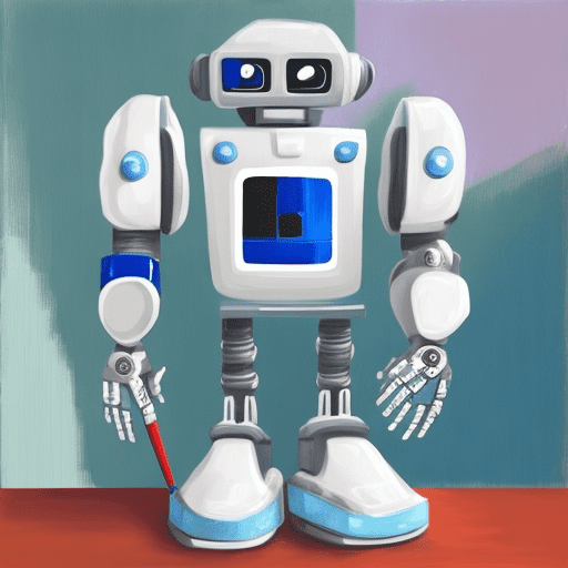 Create a realistic, friendly-looking robot with a sleek white body and some blue components. The robot is painting a picture, holding a paintbrush in one hand and a palette of colors in the other. It is facing away from the viewer, but turns slightly to greet the observer with the hand holding the paintbrush. The robot's design should appear modern and approachable, with smooth curves and subtle lighting, giving it a slightly futuristic yet inviting appearance. The background can be a simple artist's studio with some canvases and paint supplies