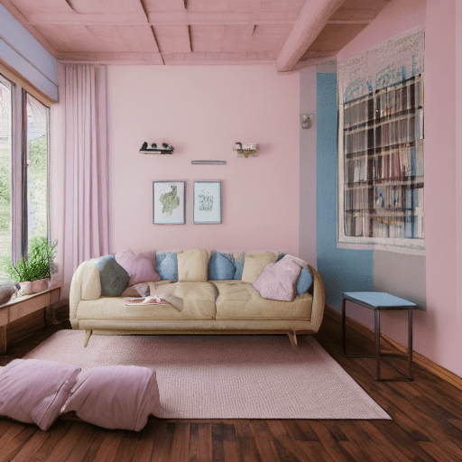 High resolution photography interior design, dreamy sunken living room conversation pit, wooden floor, small windows opening onto the garden, bauhaus furniture and decoration, high ceiling, beige blue salmon pastel palette, interior design magazine, cozy atmosphere; 8k, intricate detail, photorealistic, realistic light, wide angle, kinkfolk photography, a+d architecture, pink hair woman