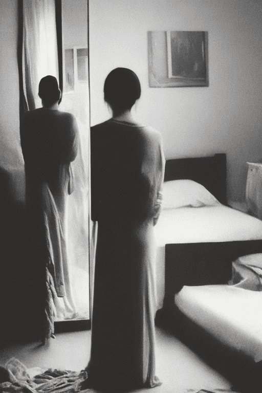 A woman stands in front of a mirror, capturing a selfie. The image quality is grainy, with a slight blur softening the details. The lighting is dim, casting shadows that obscure her features. The room is cluttered, with clothes strewn across the bed and an unmade blanket. Her expression is casual, full of concentration, while the old iphone struggles to focus, giving the photo an authentic, unpolished feel. The mirror shows smudges and fingerprints, adding to the raw, everyday atmosphere of the scene.