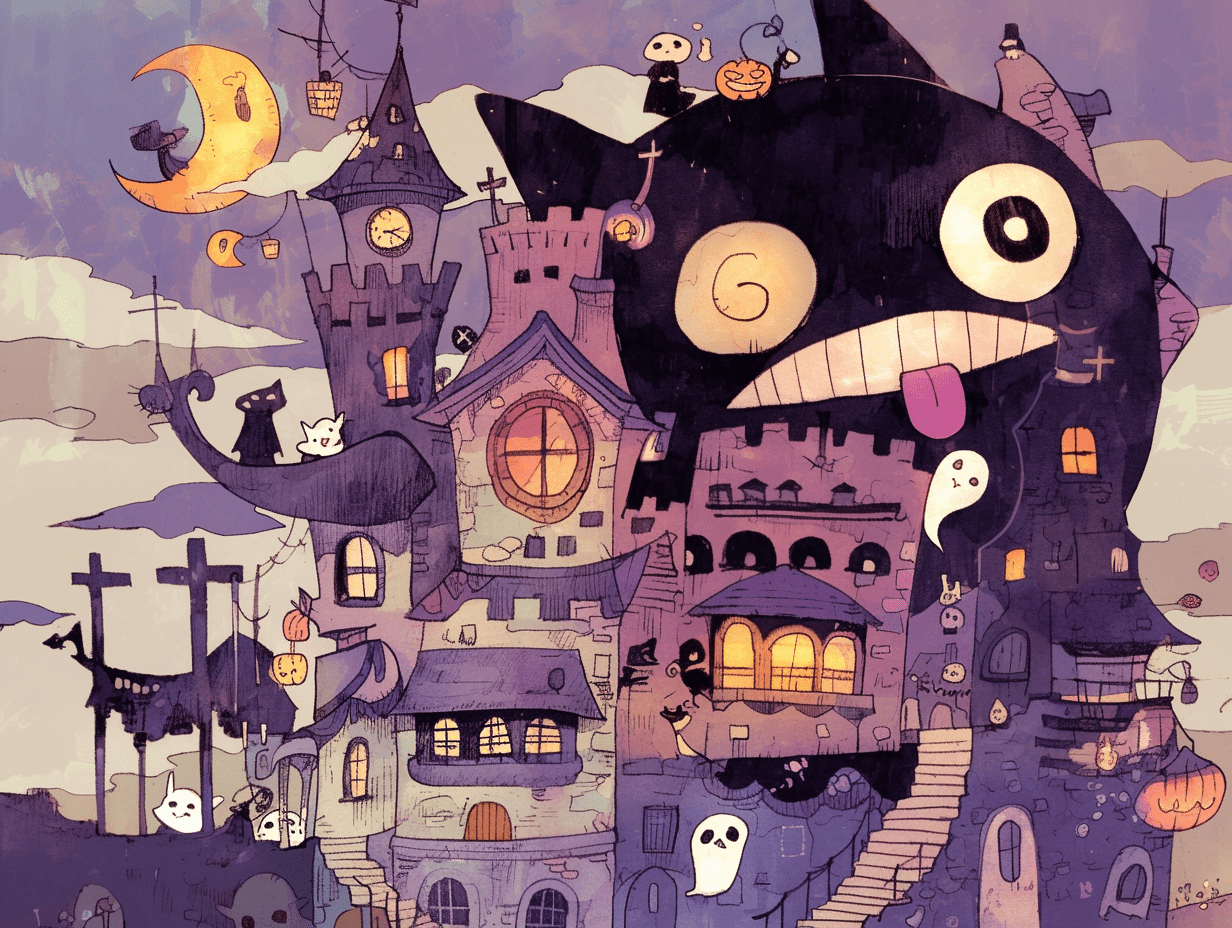 Halloween , house of skeletons, cute, fantasy house , onepiece comic style , big round eyes , larger black eyes