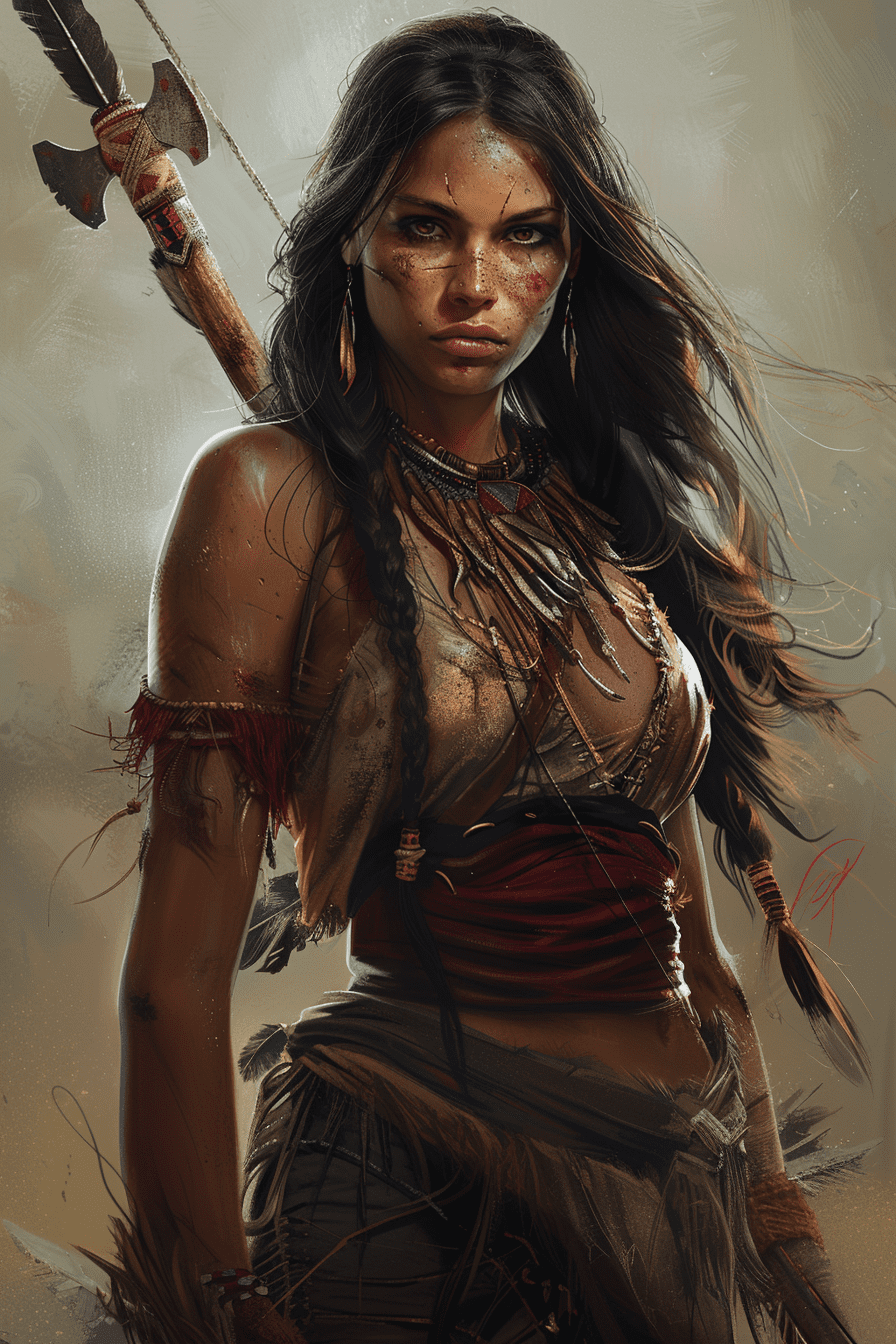 Create a highly detailed and realistic illustration of a native american woman with exotic features, wearing traditional battle clothes. She holds a tomahawk, she is full of dirt. She has long dark hair, piercing brown eyes, and soft glowing skin. The art style should feature smooth shading, realistic lighting, and subtle brushstrokes, blending elements of realism. The colors should include warm earth tones, red, and gold, with a focus on the character’s intense gaze and confident posture. The style should evoke a blend of digital painting and classic animation art.