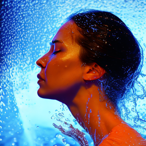 A woman stands with her back and side profile visible, surrounded by splashing water. She is illuminated by warm orange and cool blue lighting, creating a striking contrast. Her wet skin glistens under the light, and her expression is soft and contemplative as she looks slightly downward. The scene is dynamic and vivid, with the water adding a sense of movement and energy.