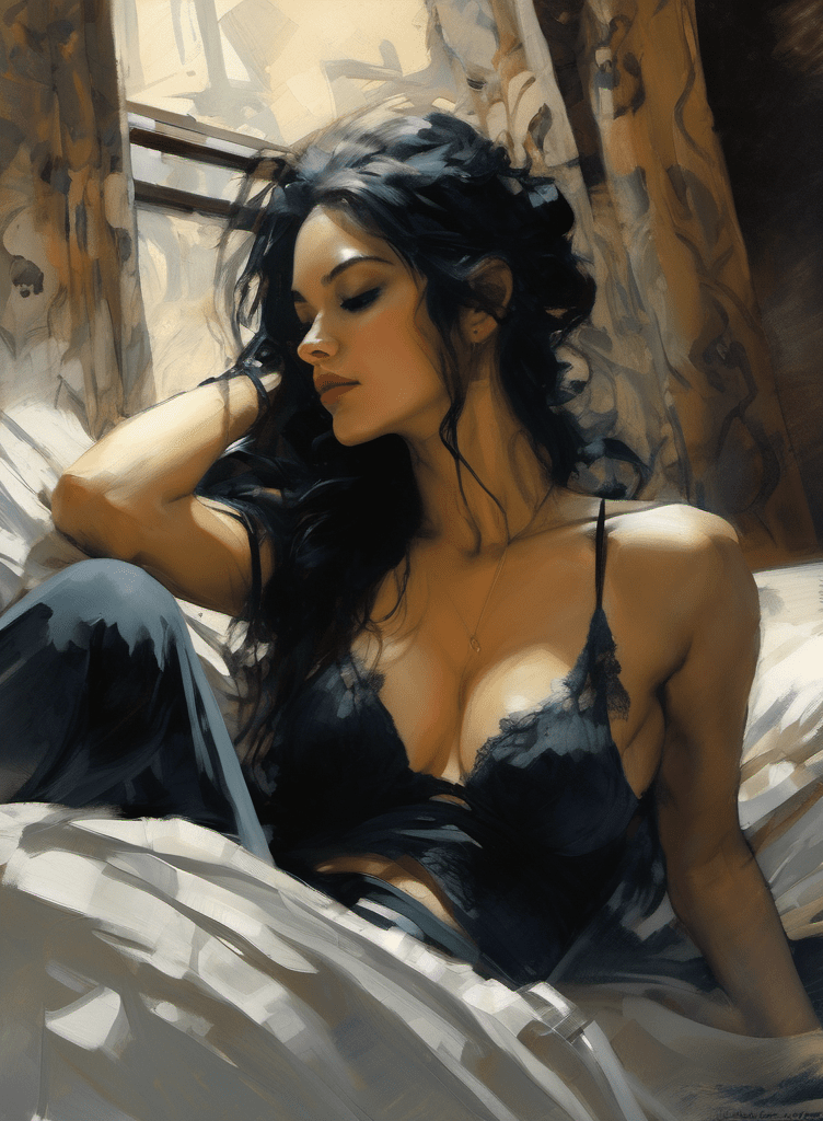 A digital painting of a lady waiting in bed, seductive pose, narcissistic, confident, long hair, elegant, expressionism, high quality, very intricate, by jeremy mann, milo manara, jean-baptiste monge