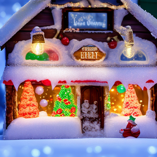 A miniature candy shop owned by cute and friendly gnomes is covered in snow and icicles. The shop is decorated with christmas lights and ornaments, and the windows are frosted over. The surrounding trees are much taller than the shop and are also covered in snow. The shop is closed, but the lights are still on inside, casting a warm glow onto the snow outside. The candy shop is painted in pastel colors, and next door is a huge supermarket for people that is much taller than the candy shop.