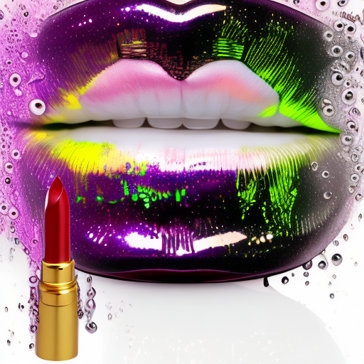 Huge metal lips with dripping lipstick drops and luiquid on the floor:: neon::1 liquid::1 metallic::1 --v 4