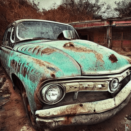The image features a very old looking car from a garage, its engine cover is rusted, its tires are weared off , its seats are old and dirty, it’s headlight are cracked, it is old, dramatic look, giving the impression of used long years and on bad roads. The close-up, hyper detailed shot of the car emphasizes its rusted features and the intensity of its usage.