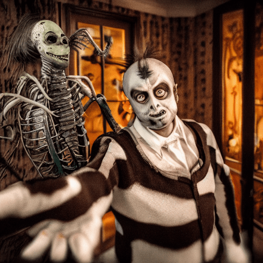 Beetlejuice, in a horror house, sharp, amazing, bokeh, hasselblad dslr, realistic
