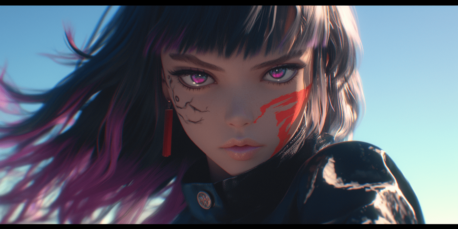 Maki from jujutsu no kaisen, colorful realism, intense close-ups, purple, red and black, unreal engine 5 #vfxfriday, cinematic lighting --ar 2:1 --stylize 750 --niji 6 -