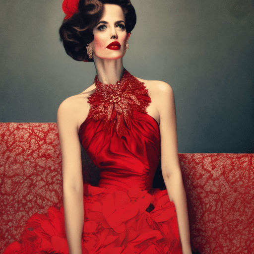 A woman in a red dress posing for a picture, a colorized photo, inspired by richard avedon, tumblr, halter neck, gilded. Floral, low-cut dress, soft silk dress --v 5 --ar 3:4