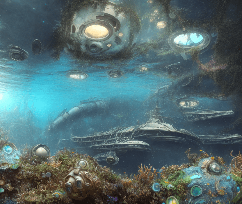 High resolution photography, dreamy; pov, underwater, 3d game, realistic graphics, underwater exploration, subnautica, 8k, intricate detail, aphotorealistic, realistic light, wide angle, masterpiece, underwater relief, sunken destroyed spaceship wreck, futuristic, pov view from game