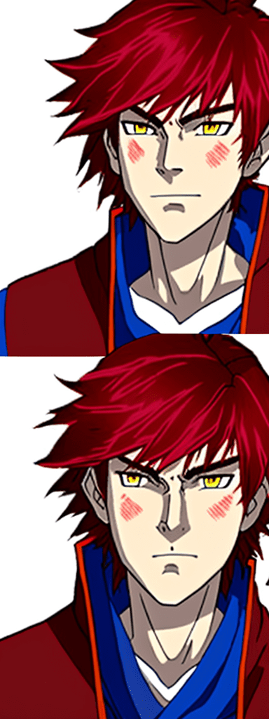 Stark is a young male mage and apprentice, stark in studio ghibli, he has dyed red hair and the roots are black that he wears down with bangs and two strands framing his face, stark has blue eyes, facial features typical of the southern lands, he wears a stoic expression and strong emotions, background countryside, stark is wearing a red jacket open, black undershirt collared shirt with white fastenings, baggy black pants, black boots, a white sash around his waist, and bandages wrapped around his arms