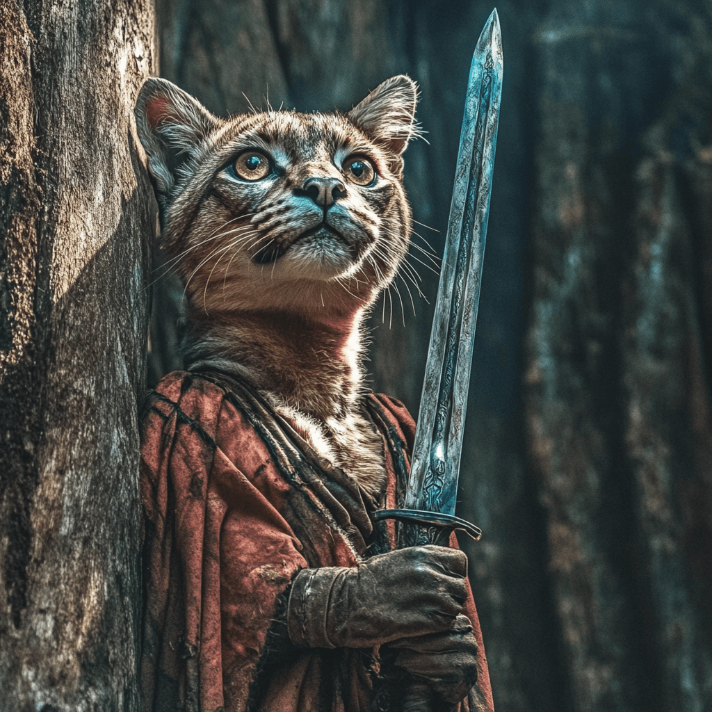 Cosplay outfit, dark and grim interior design, wild big cat, cosplaying as game of thrones, wielding a terrific damascus blade sword --chaos 60 --sref 231170 --stylize 400 --weird 300 --v 6. 1