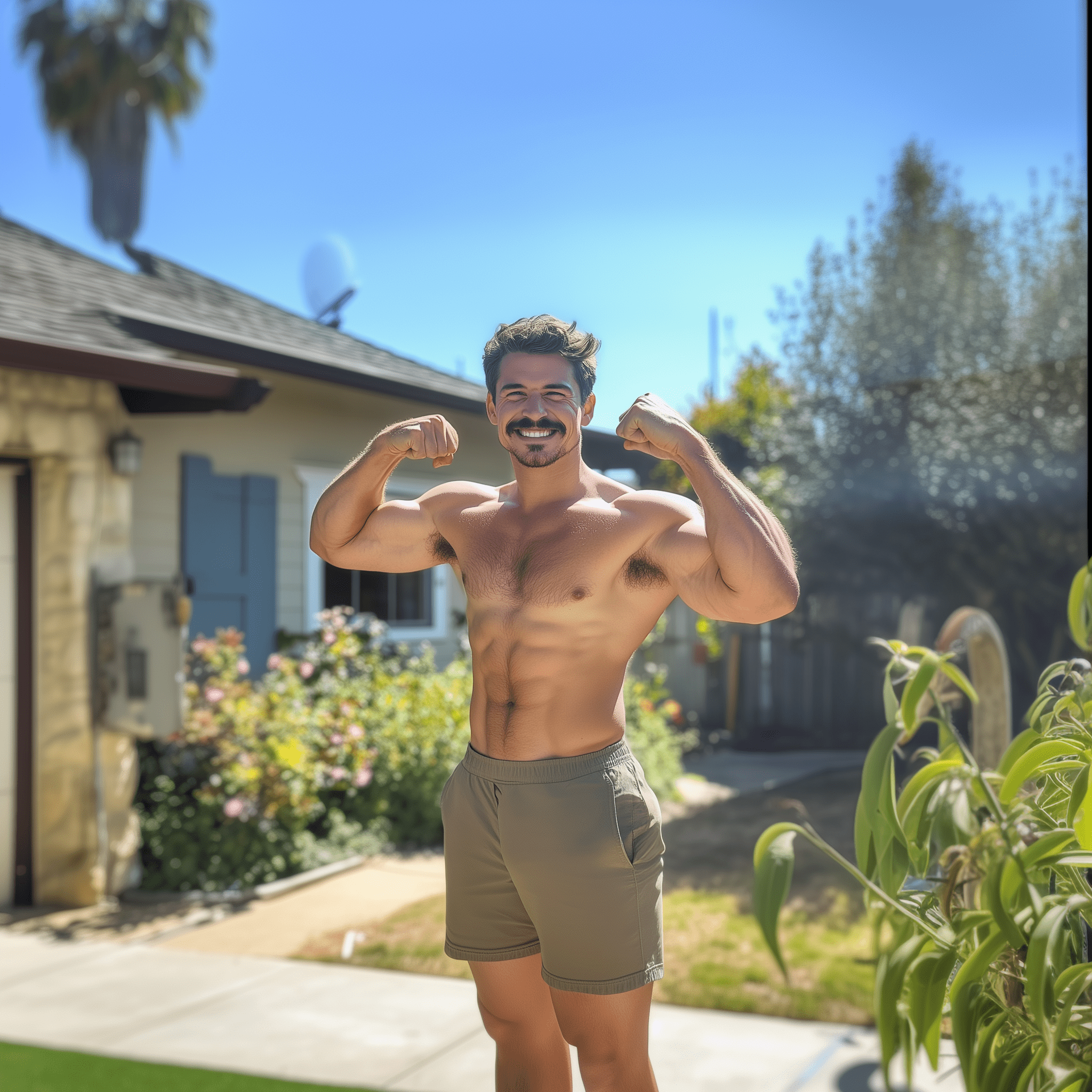 Photo of a man with a mustache and goatee wearing only shorts, standing outside a house and flexing his biceps while smiling. The background has a sunny, california-like vibe.