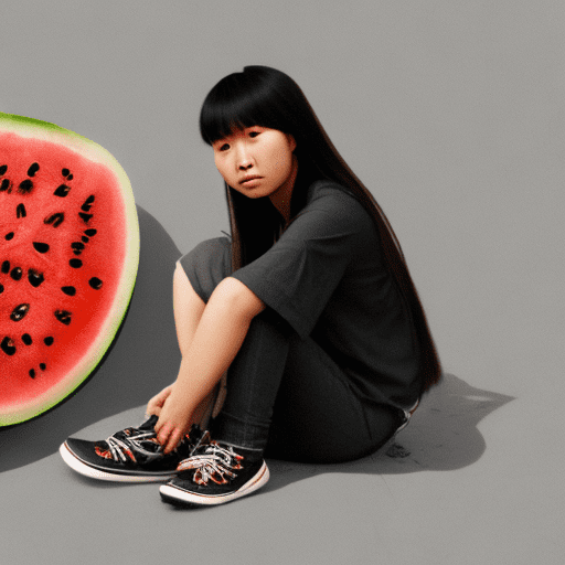 A young chinese woman with long straight blonde hair and bangs and completely black eyes, with a thoughtful expression on her face, is sitting on the ground and on the sides there is a watermelon broken in half on a grey background