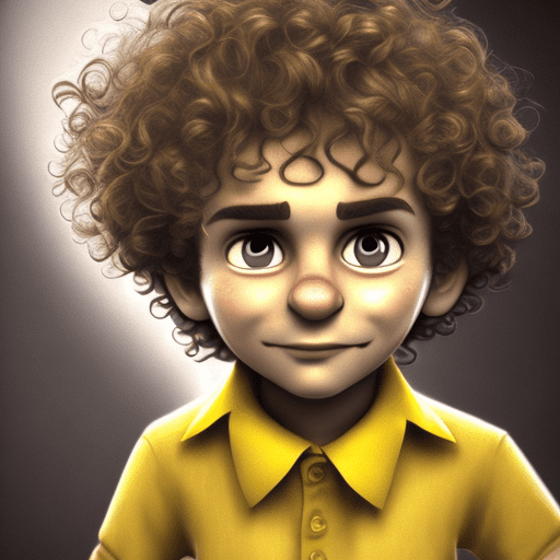 A boy with curly hair and yellow shirt, in the style of rendered in cinema4d, charming characters, i can't believe how beautiful this is, rudolph belarski, blink-and-you-miss-it detail, dramatic shading, cartoonish caricatures --ar 17:32 --stylize 750 --v 6