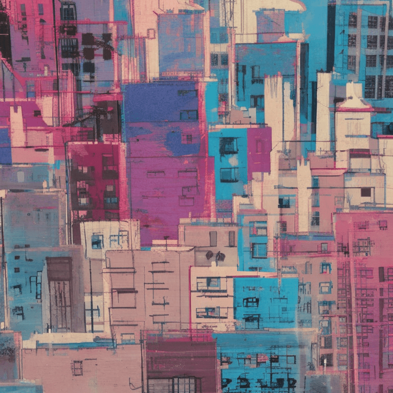 Silhouette of a lone person surrounded by buildings, painted by baskiat, blue and pink colors.