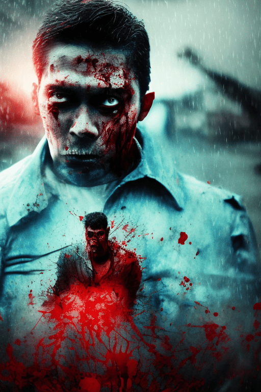 Style cinematic film, poster, man, look at the camera, cloth with blood, blood on face, ultra detail, zombie apocalypse, zombies around man, thailand, in town, blue sky, rim lighting, cinematic lighting, raining,