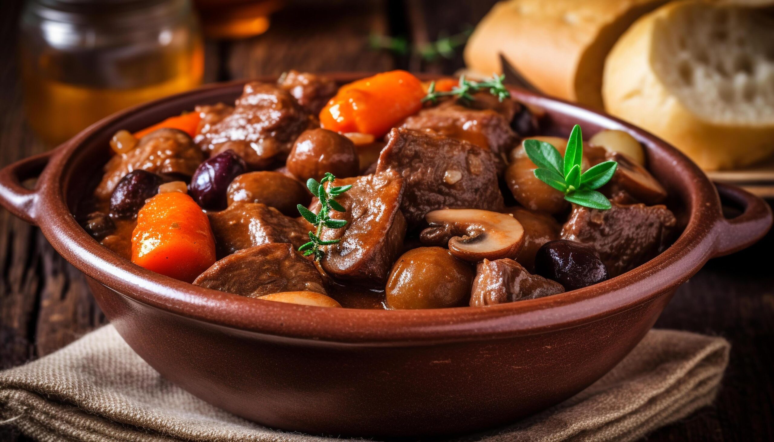 A-gourmet-meal-of-cooked-beef-stew-on-a-wooden-table-generated-by-ai-free-photo