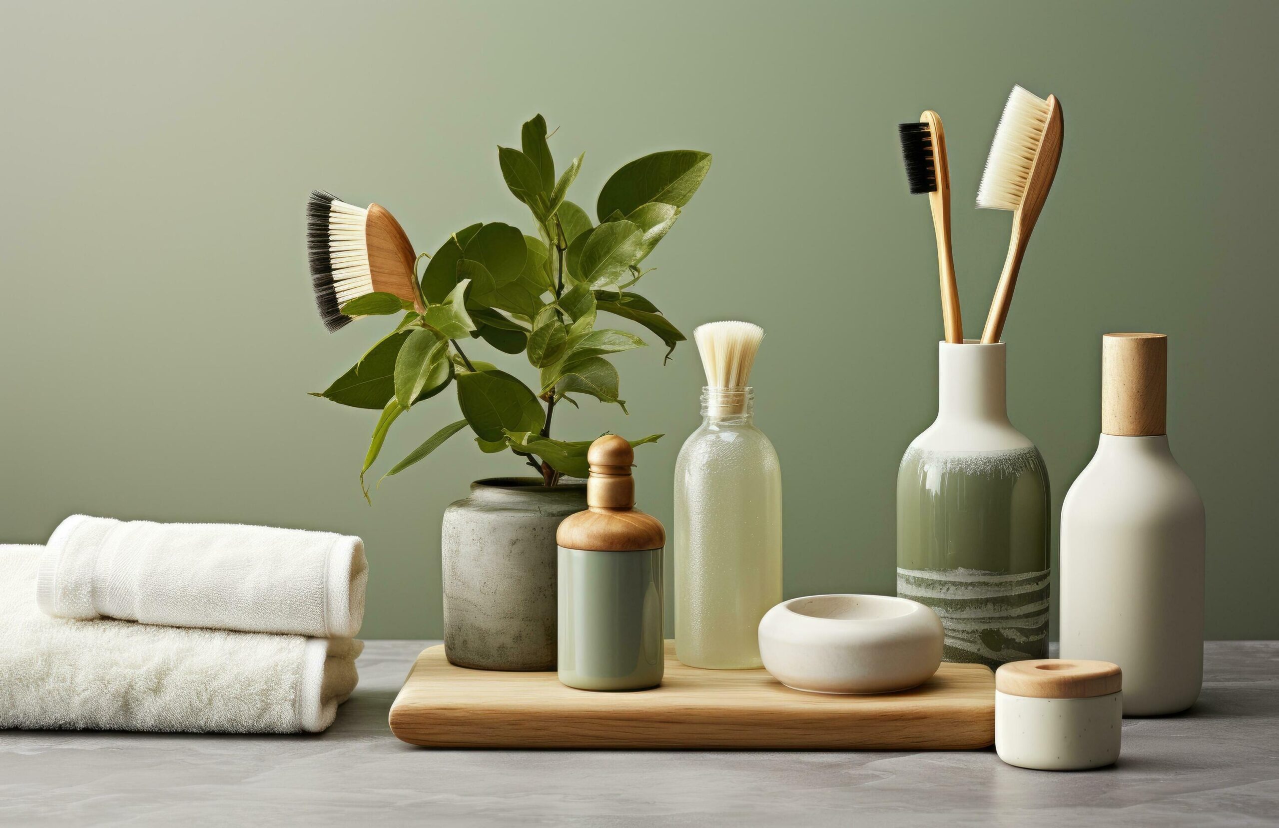 Ai-generated-a-bottle-of-green-cleanser-and-brushes-on-a-green-tile-background-free-photo